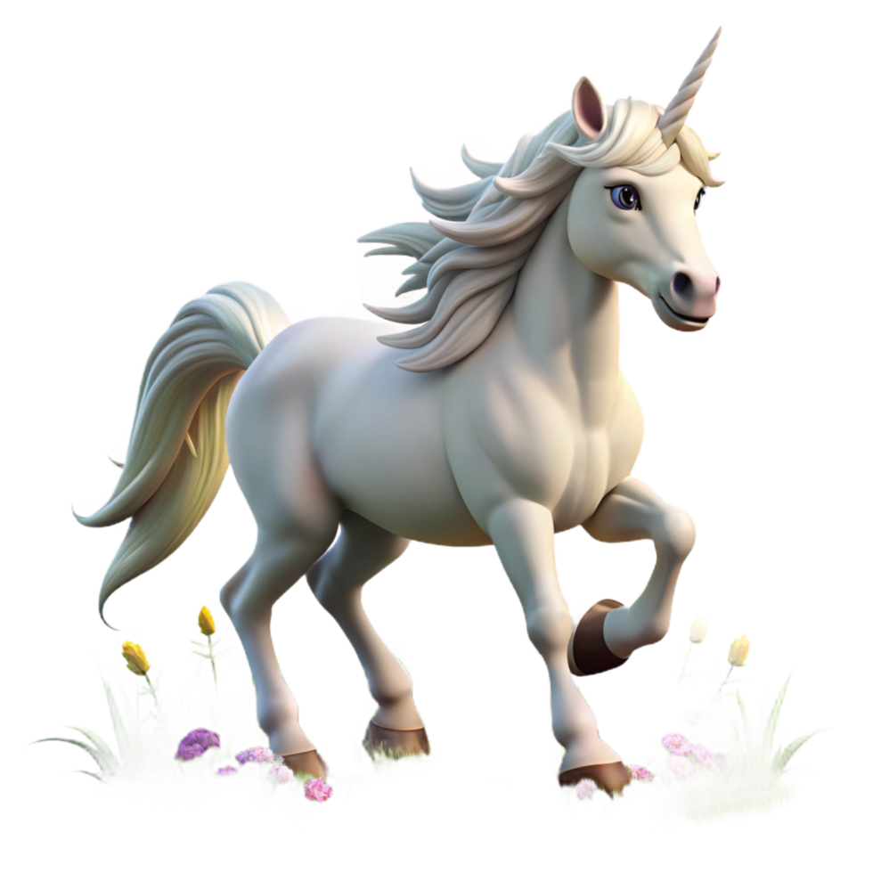 extraordinary modern A majestic unicorn with a silver horn and flowing white mane, galloping through a field of wildflowers, illuminated by the warm sunlight. Fantasy art style authentic png