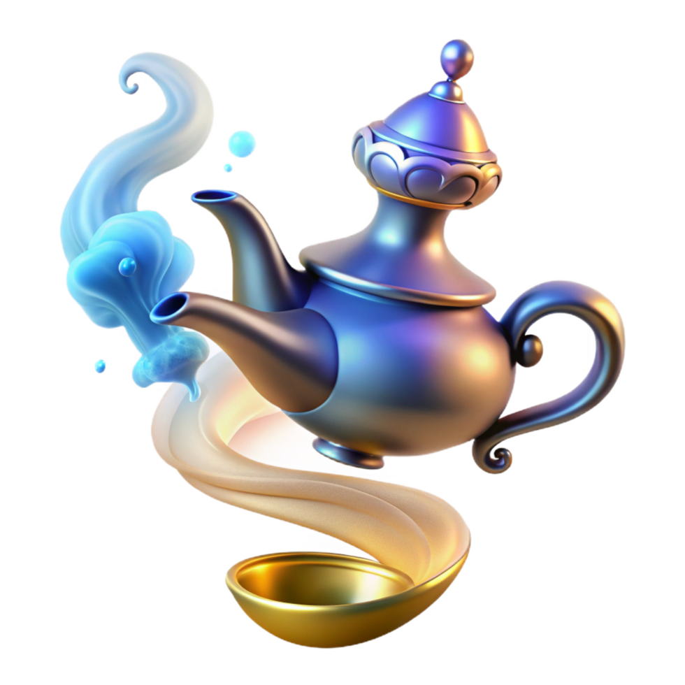 vibrant creative A powerful djinn emerging from a magic lamp, surrounded by swirling smoke and sparks, illuminated by the glow of the lamp. Orientalist style authentic png