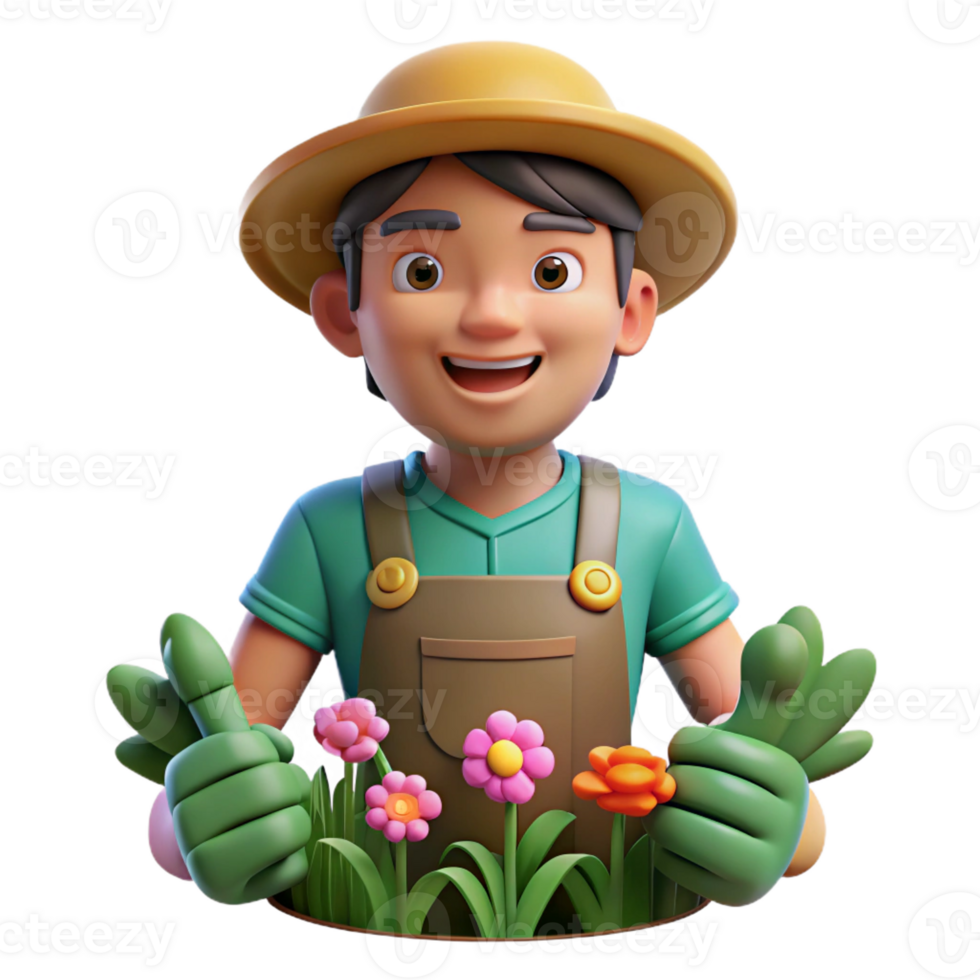 serene rustic Portrait of a gardener with dirt on their hands and a gentle smile, surrounded by blooming flowers, impressionistic style authentic png