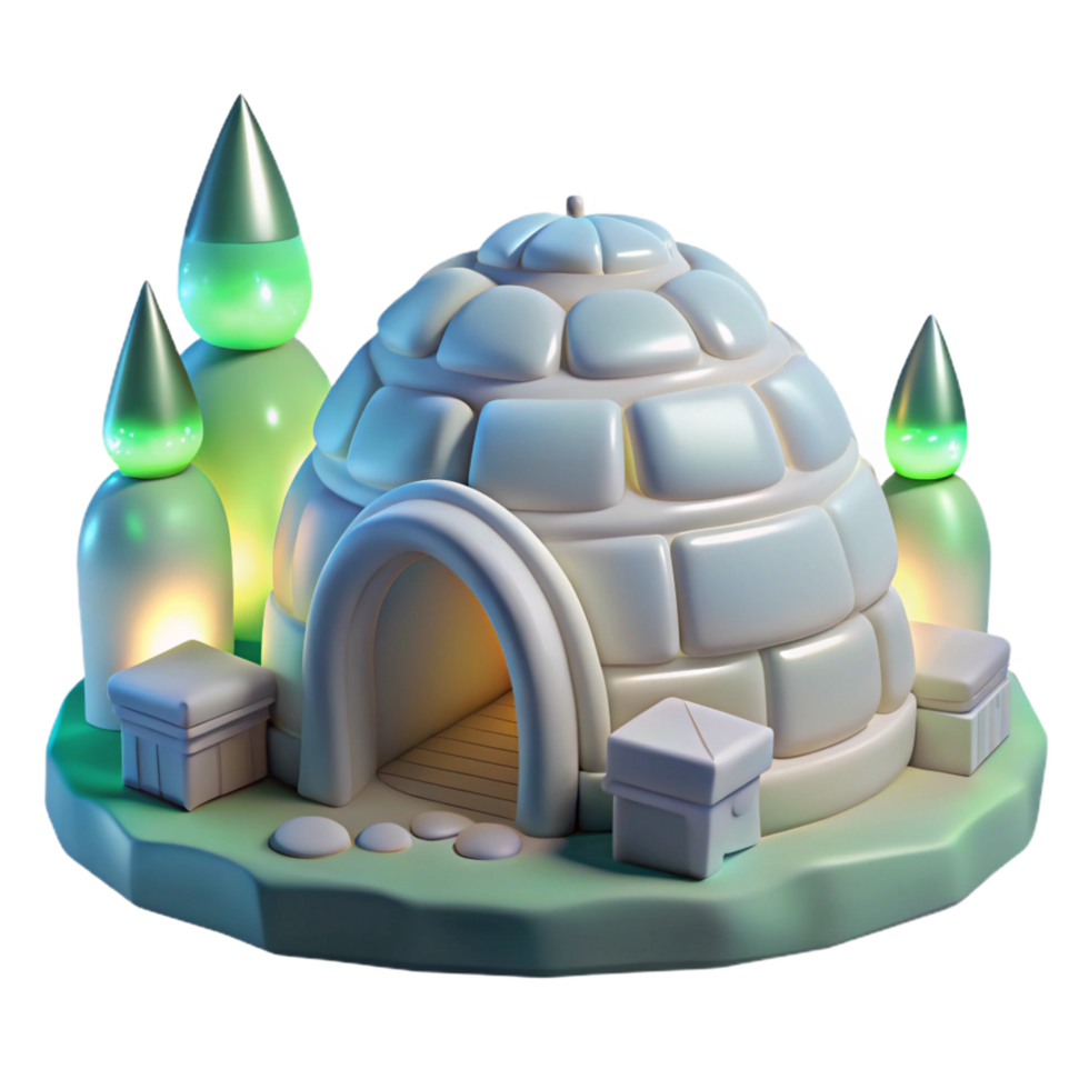 elegant traditional Igloo village with intricate ice carvings, aurora borealis lighting, arctic style high resolution png