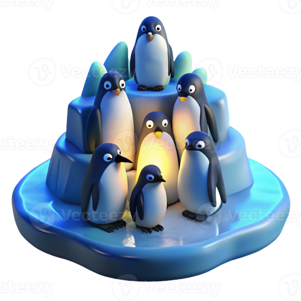 impressive minimalist A group of emperor penguins huddled together on the Antarctic ice, the cold blue light of the polar night illuminating them, depicted in a realistic, documentary style 4K png