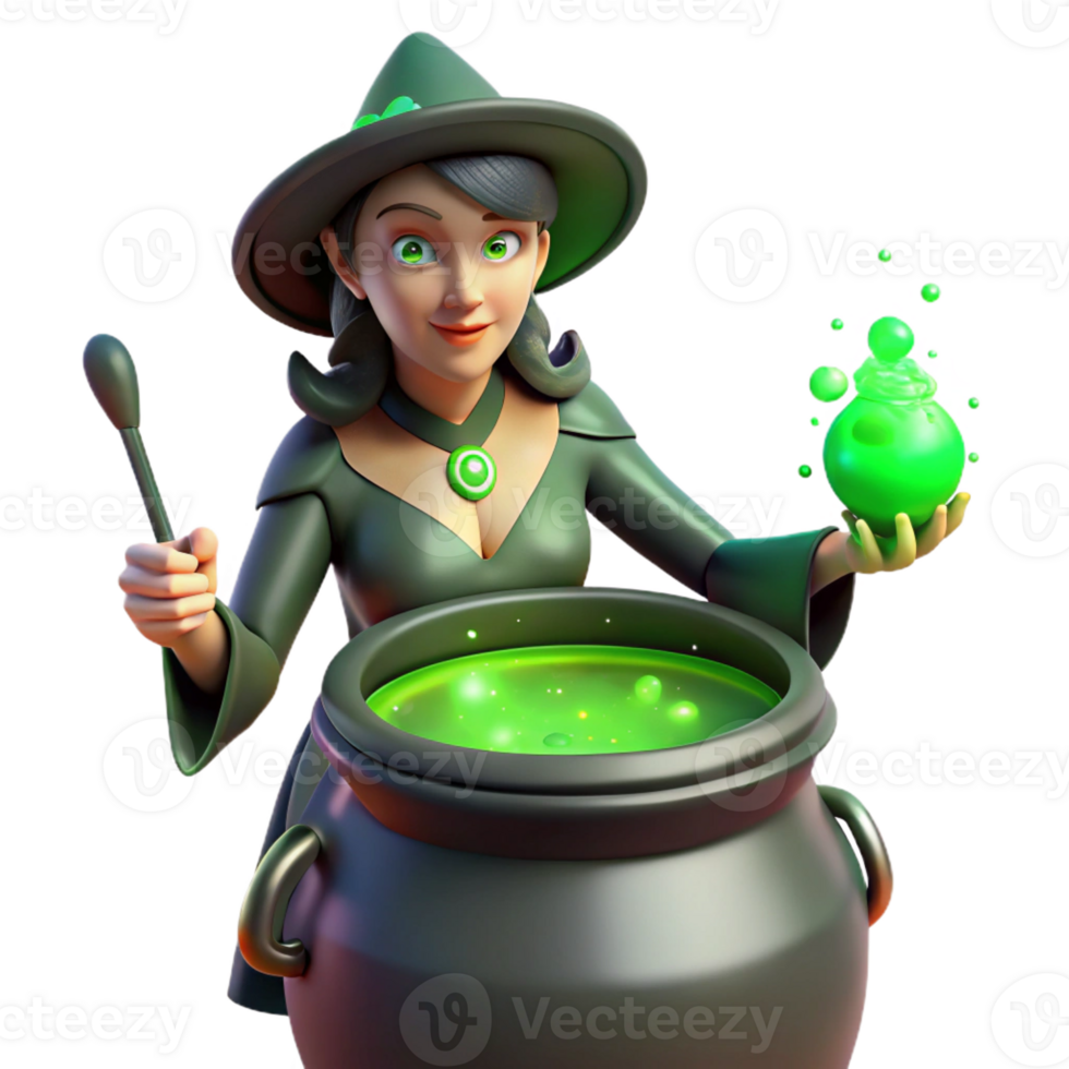 magnificent traditional A powerful witch brewing a potion in a bubbling cauldron, her face illuminated by the eerie green light of the concoction. Dark fantasy, gothic style high resolution png