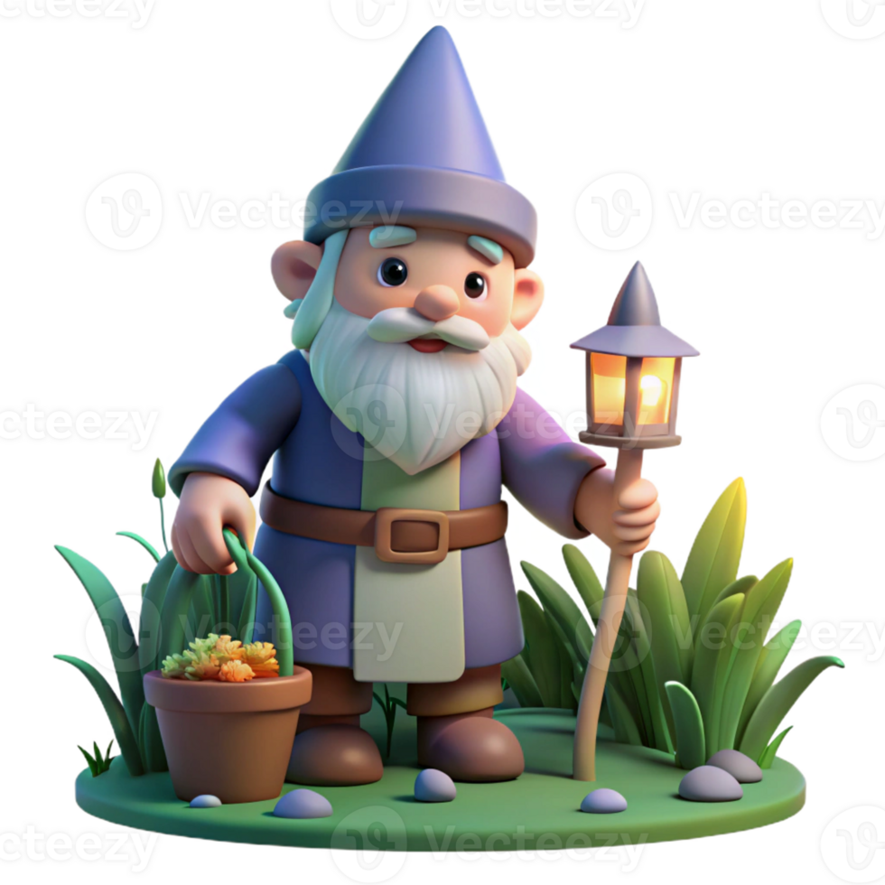 vibrant creative A whimsical gnome with a pointed hat and a long white beard, tending to his garden, illuminated by the soft glow of twilight. Children's book illustration style high quality png