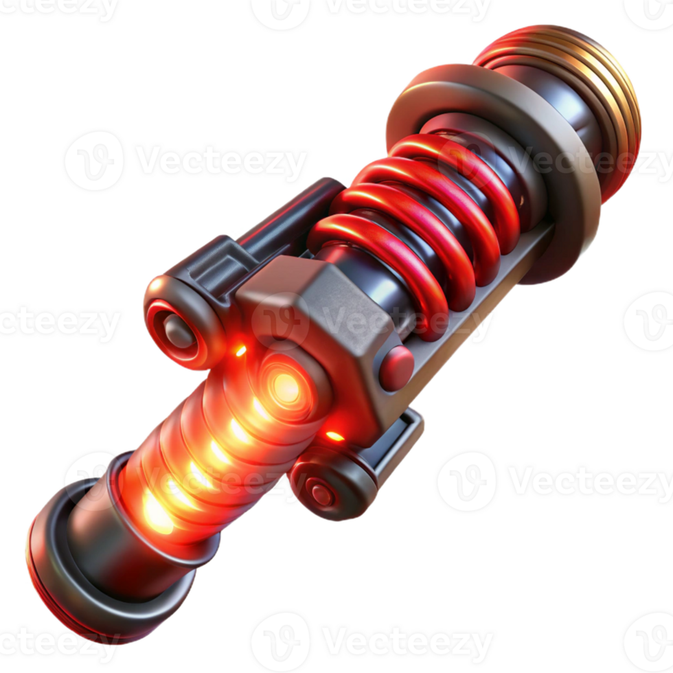 extraordinary creative A futuristic weapon with glowing energy coils and intricate details, illuminated by a dramatic, red light, in a fantasy style exclusive png