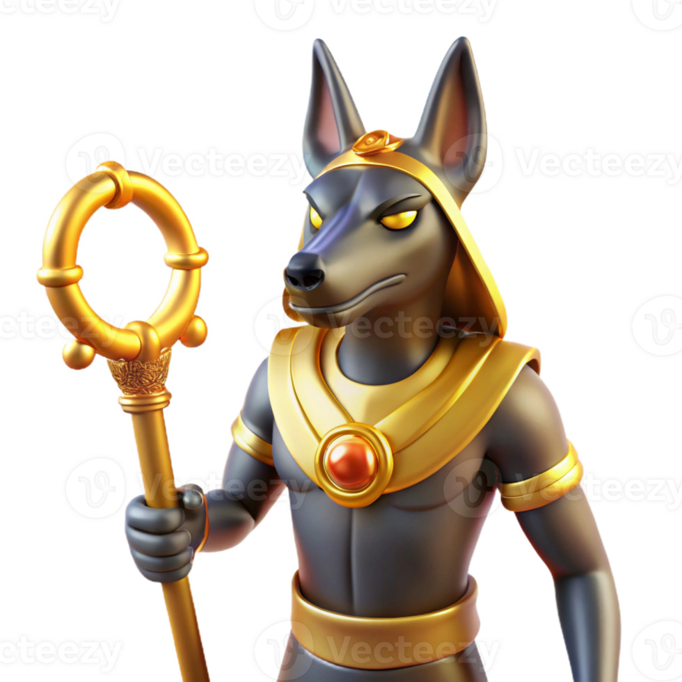 stunning traditional Anubis, jackal-headed god, holding an ankh, professional png