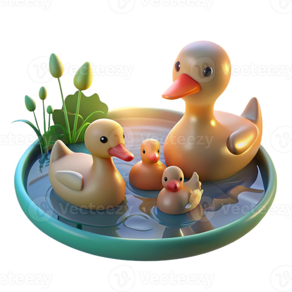 wonderful contemporary A family of ducks swimming in a calm pond, illuminated by the soft light of a summer afternoon, in a peaceful, illustrative style genuine png