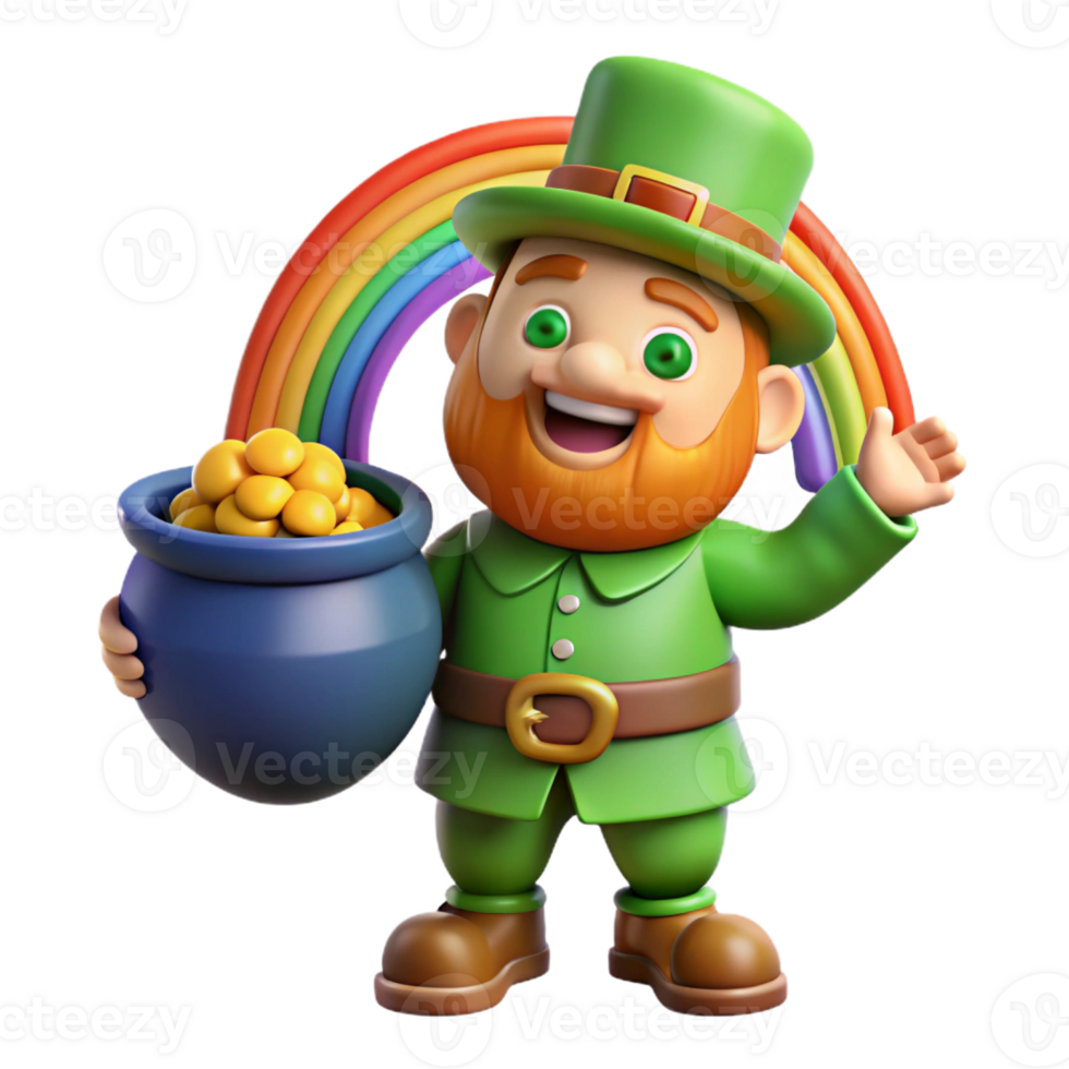 magnificent vintage A mischievous leprechaun guarding a pot of gold at the end of a rainbow, in a cheerful, cartoonish style authentic png