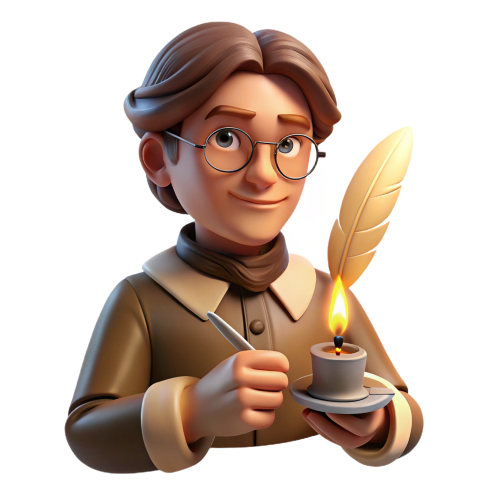 magnificent vintage Portrait of a pensive writer with spectacles and a quill pen, illuminated by the warm glow of a candle, in a vintage, sepia-toned style genuine png