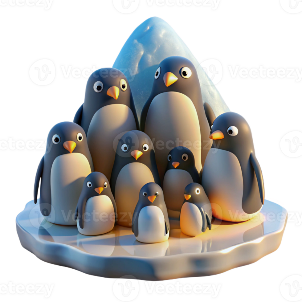 serene traditional A colony of penguins huddled together on a icy shore, illuminated by the soft light of the Antarctic sun, in a stark, photorealistic style premium png