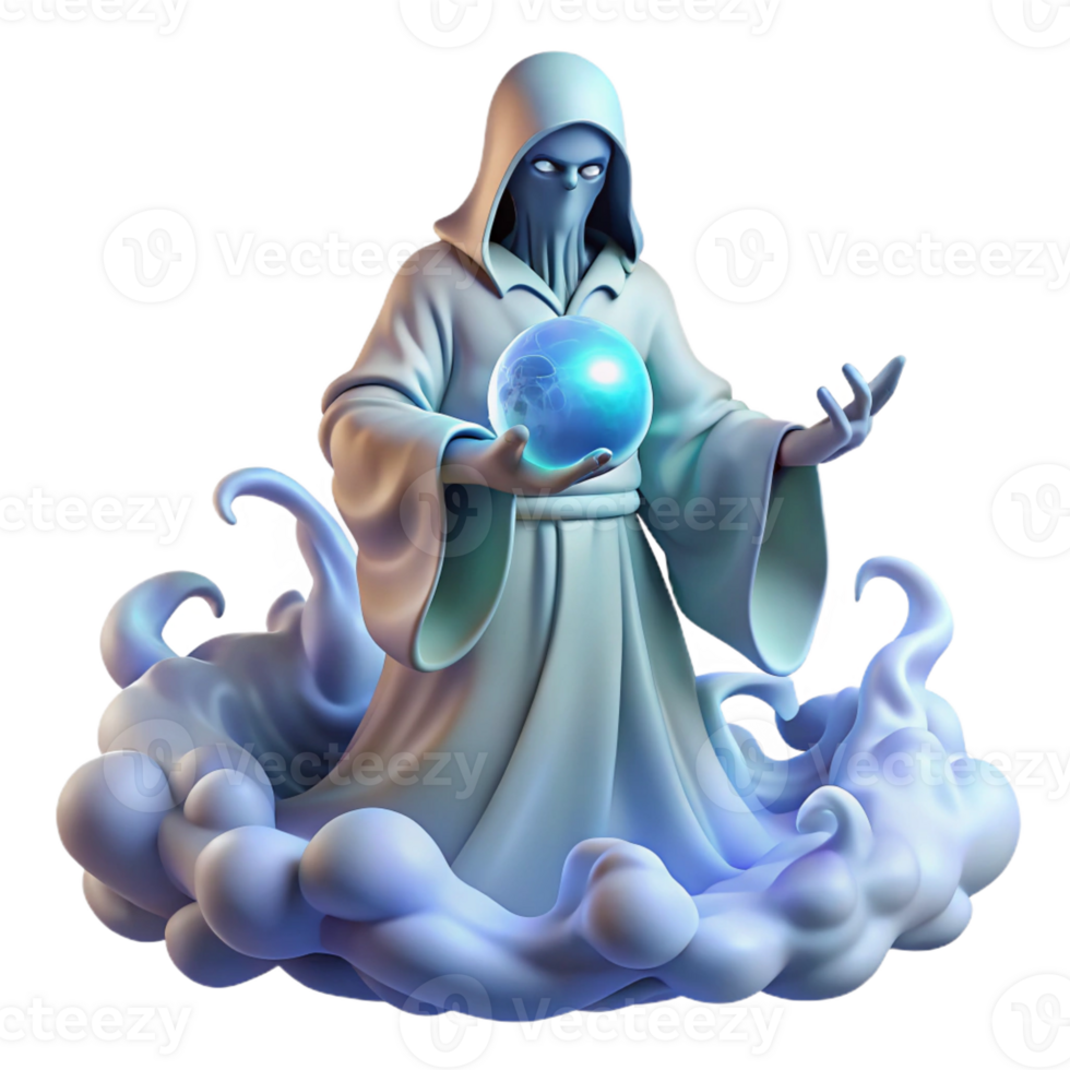 extraordinary contemporary A wise, ancient oracle with flowing white robes and a crystal ball, surrounded by swirling mists, lit by an ethereal blue light. Fantasy style premium png