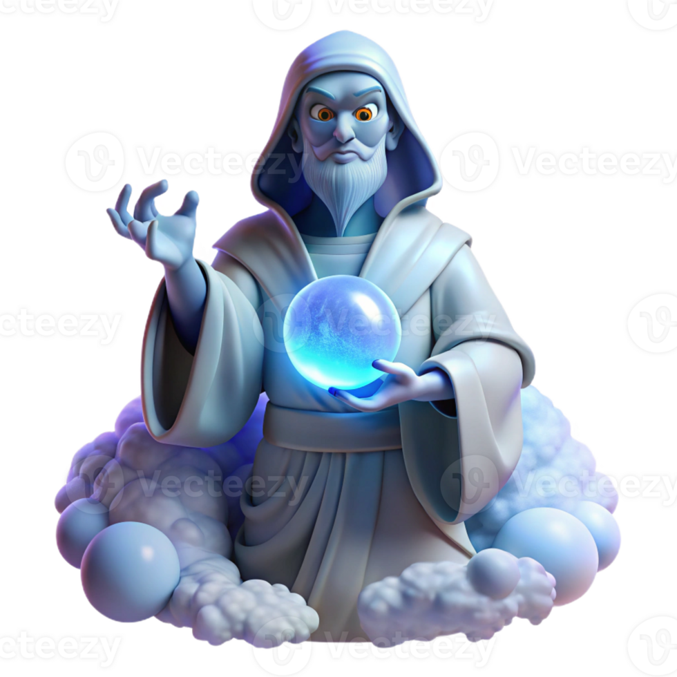 wonderful traditional A wise, ancient oracle with flowing white robes and a crystal ball, surrounded by swirling mists, lit by an ethereal blue light. Fantasy style exclusive png
