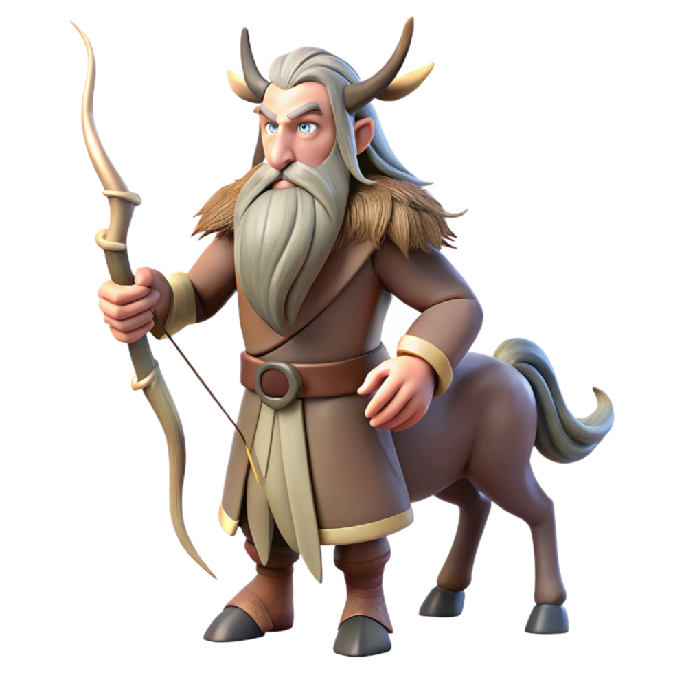 beautiful rustic A wise old centaur with a long flowing beard and a bow and arrow, stands guard in a mystical forest. Soft, dappled sunlight. Mythological fantasy art style authentic png