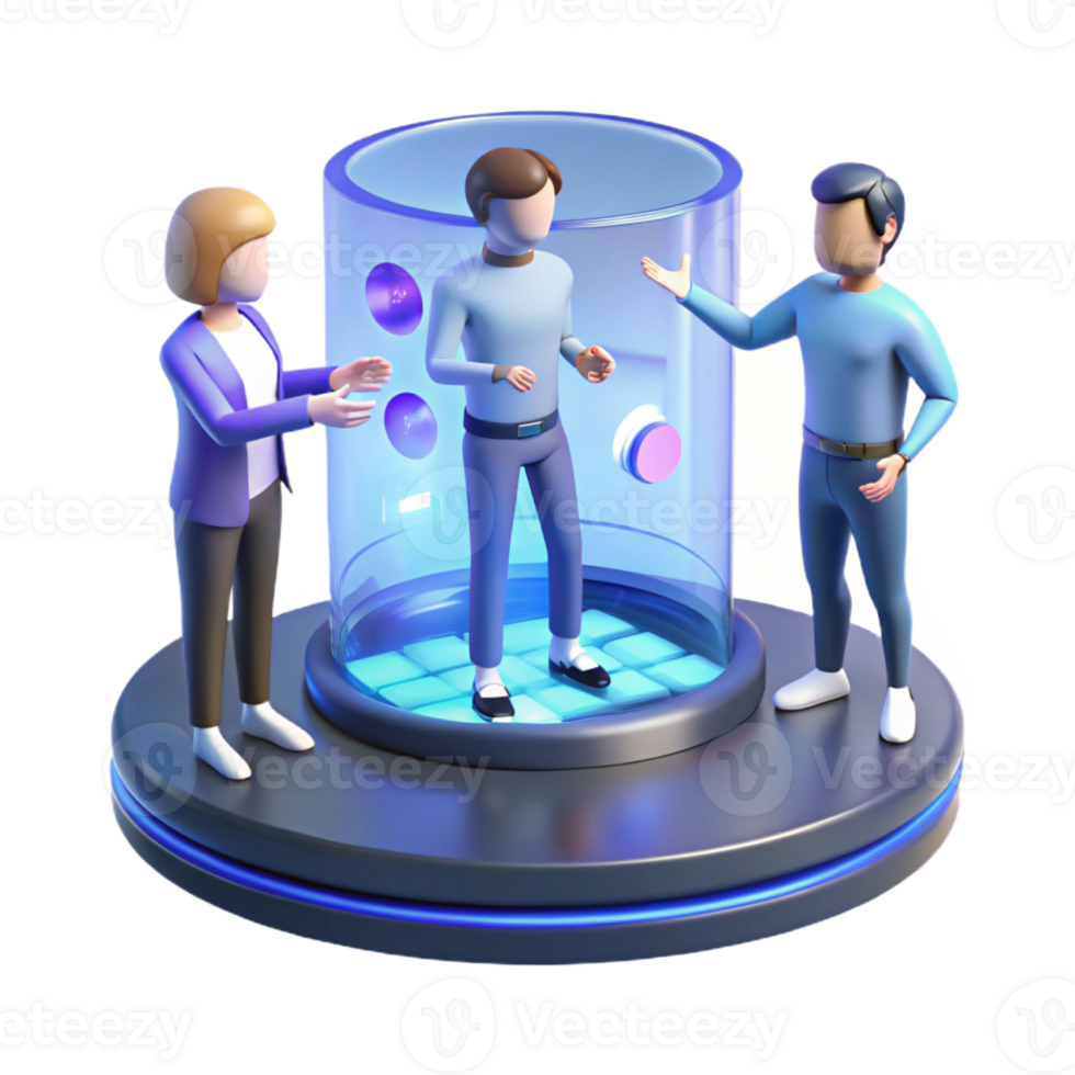 elegant vintage A group of people interacting with a holographic display, soft blue lighting, futuristic style genuine png