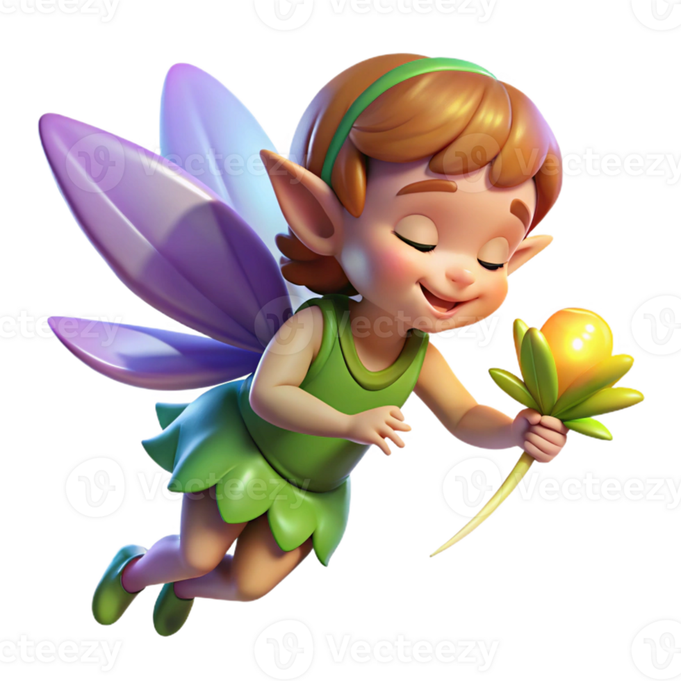 wonderful minimalist A mischievous pixie with iridescent wings and a playful grin, sprinkling magic dust over a sleeping flower, illuminated by soft, magical light in a fairytale illustration style 4K png