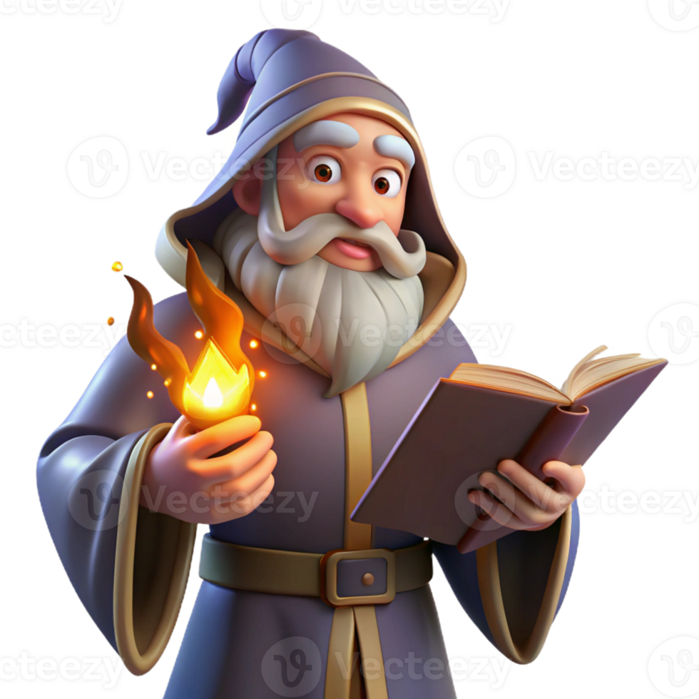 serene creative A wise old wizard with a long white beard and twinkling eyes, holding a glowing spellbook, warm firelight, classic fantasy style high quality png