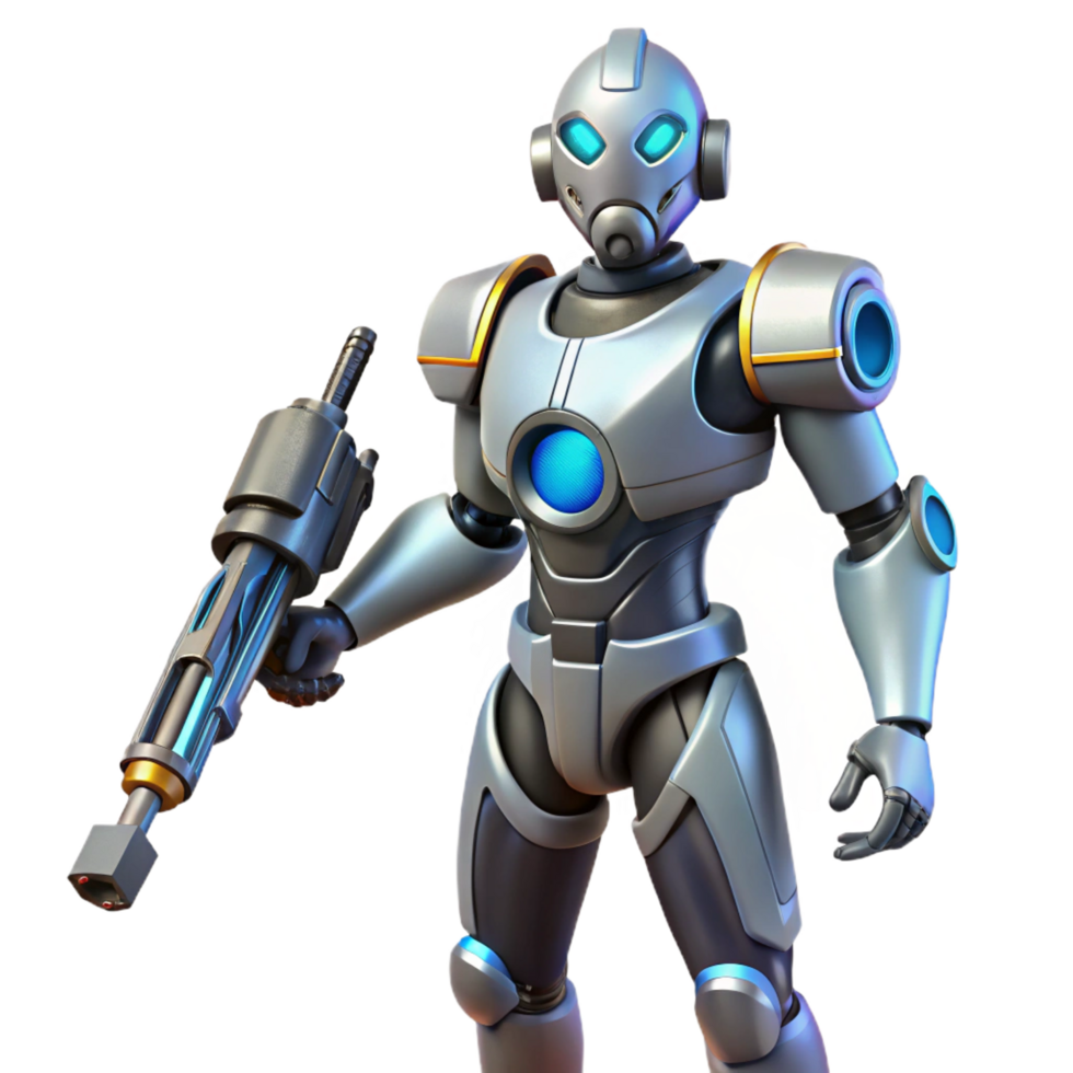 serene abstract Futuristic robotic guard with weapon attached 4K png