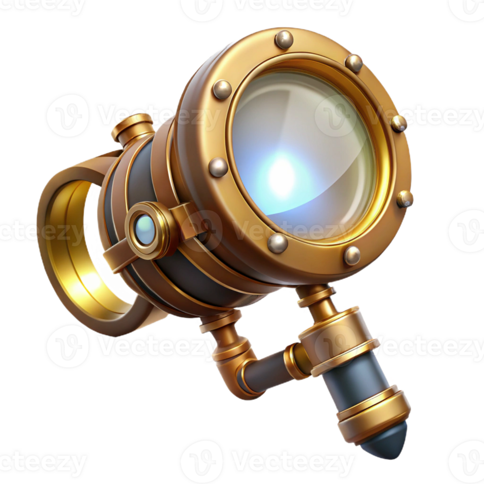 impressive contemporary A steampunk monocle with a magnifying glass and intricate brass detailing, lit by a sharp, focused beam of light, in a photorealistic style exclusive png