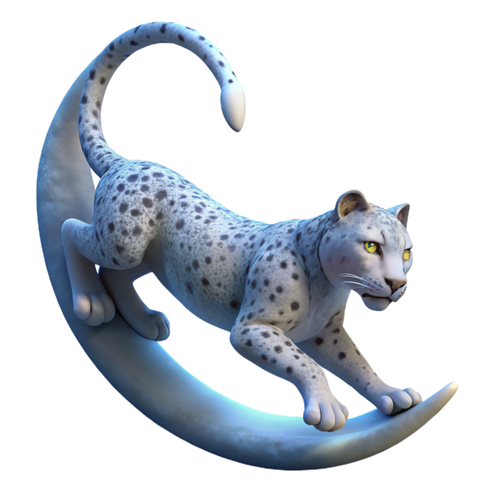 stunning minimalist A majestic snow leopard gracefully leaping across a chasm, illuminated by the soft glow of a crescent moon, rendered in a hyperrealistic style 4K png