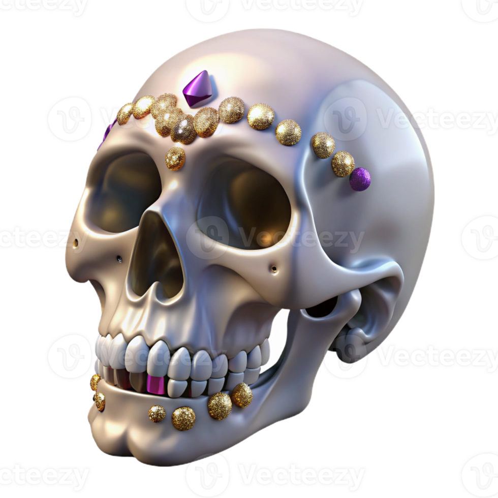 beautiful artistic Realistic, detailed, human skull, adorned with jewels genuine png
