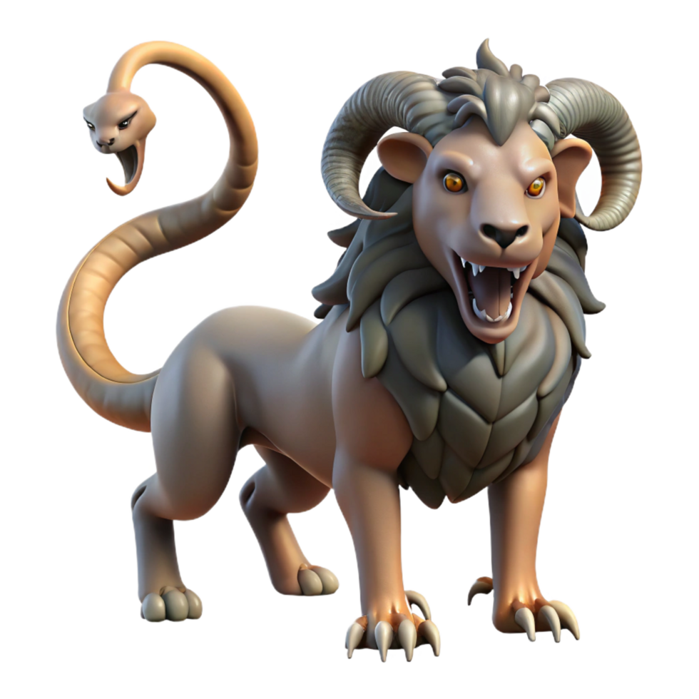 wonderful artistic A menacing chimera with the head of a lion, the body of a goat, and the tail of a serpent, in a dramatic, chiaroscuro lighting style genuine png