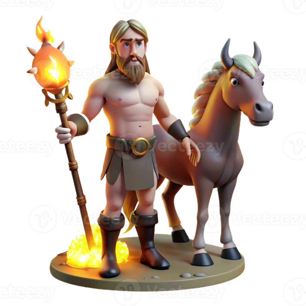 magnificent traditional A wise, ancient centaur with the body of a horse and the torso of a man, holding a staff adorned with glowing runes, lit by the warm light of a campfire. Fantasy style detailed png