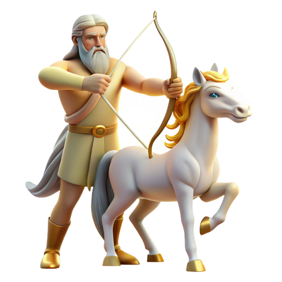 magnificent rustic A wise centaur with a long, flowing white beard, teaching archery to a young human, bathed in warm, golden sunlight in a classical Greek sculpture style premium png