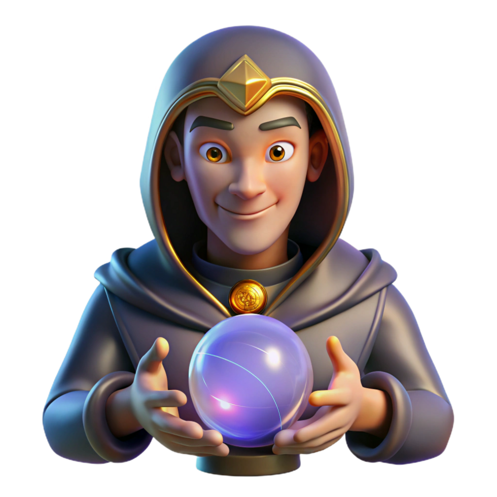 dramatic creative Portrait of an enigmatic fortune teller with mystical symbols and a knowing gaze, illuminated by the glow of a crystal ball, in a dark, esoteric style professional png
