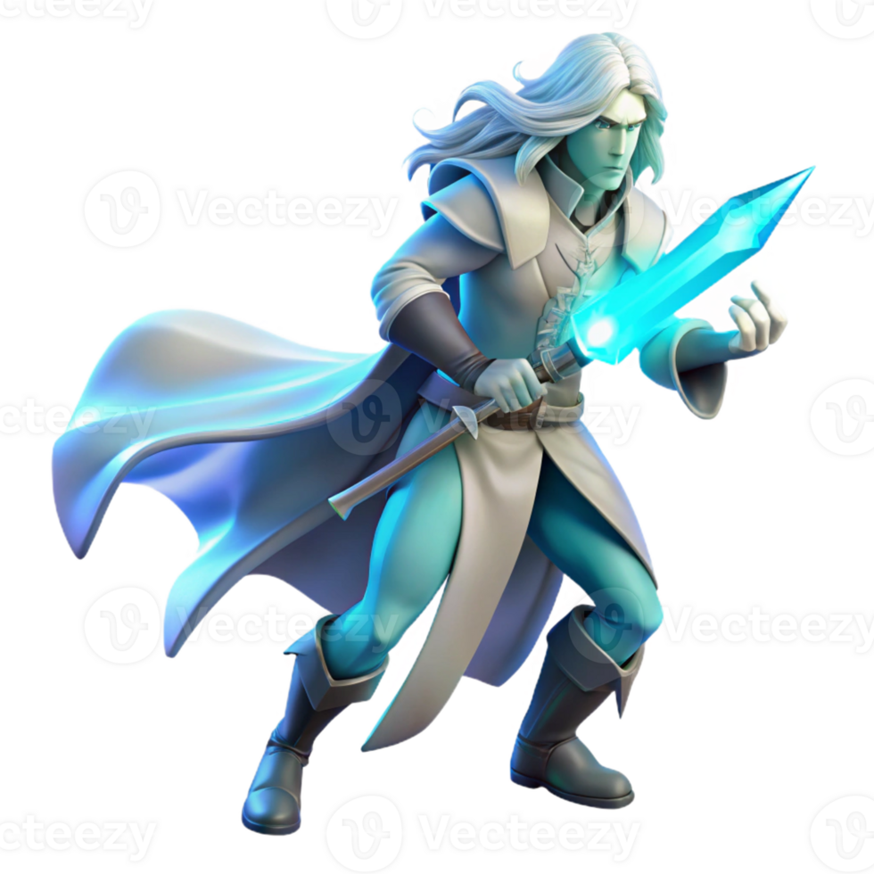 beautiful artistic A lone, ethereal warrior with flowing silver hair, wielding a crystal sword, bathed in soft bioluminescent light. Hyperrealistic style high resolution png
