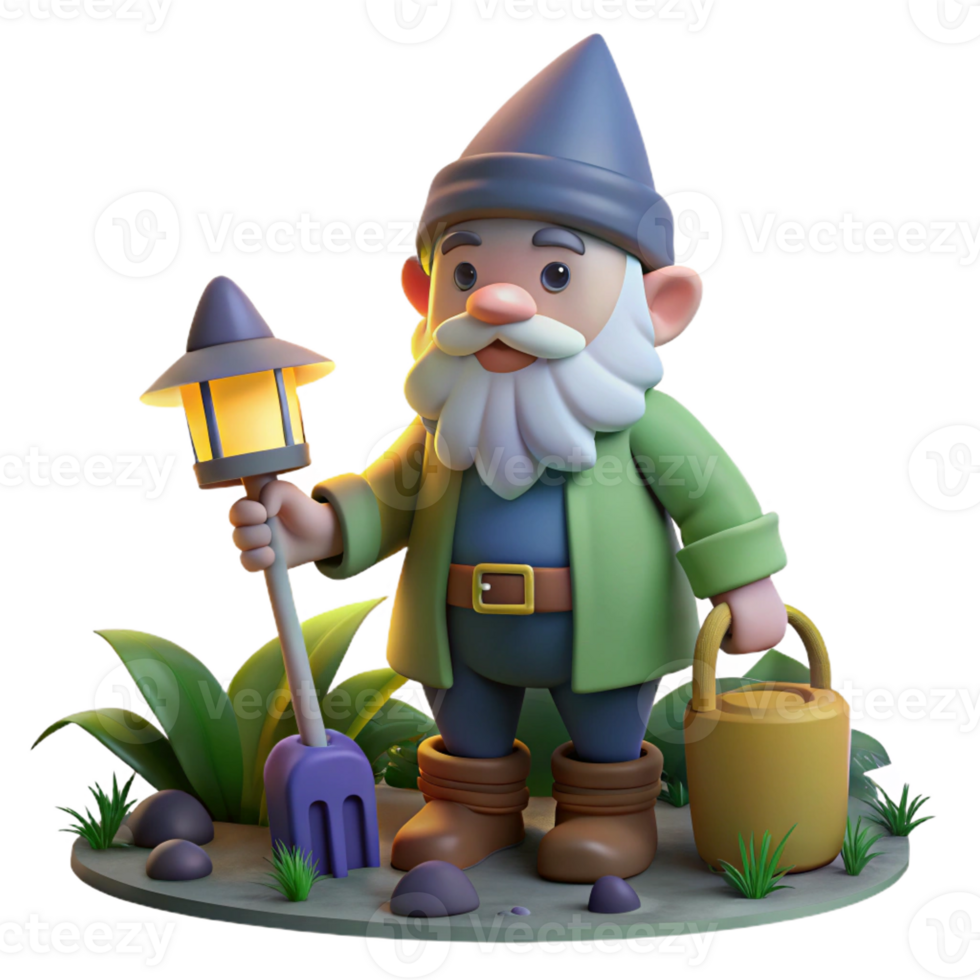 wonderful traditional A whimsical gnome with a pointed hat and a long white beard, tending to his garden, illuminated by the soft glow of twilight. Children's book illustration style high resolution png