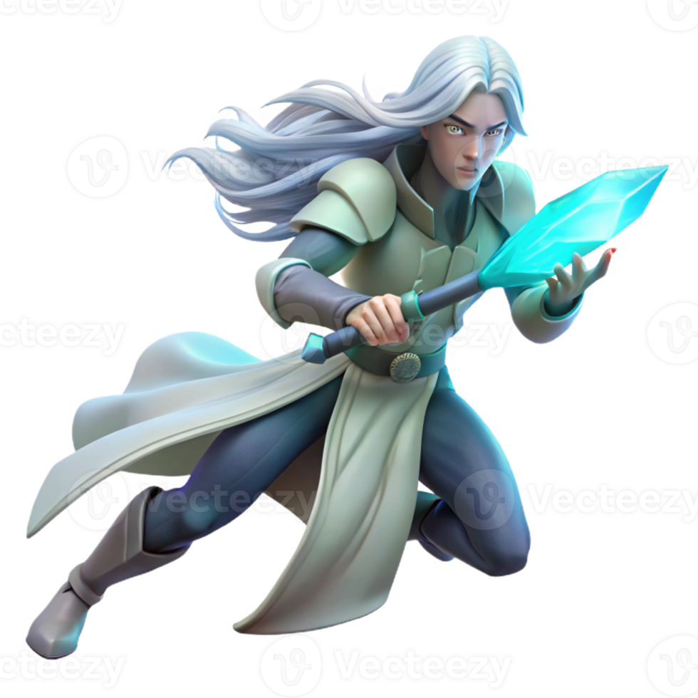 dramatic modern A lone, ethereal warrior with flowing silver hair, wielding a crystal sword, bathed in soft bioluminescent light. Hyperrealistic style high resolution png