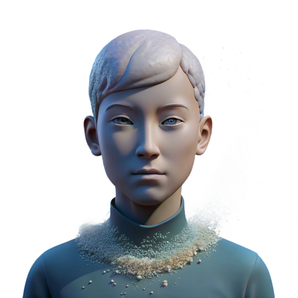 extraordinary artistic Portrait of a person dissolving into particles, ethereal, fading lighting, surrealist style high quality png