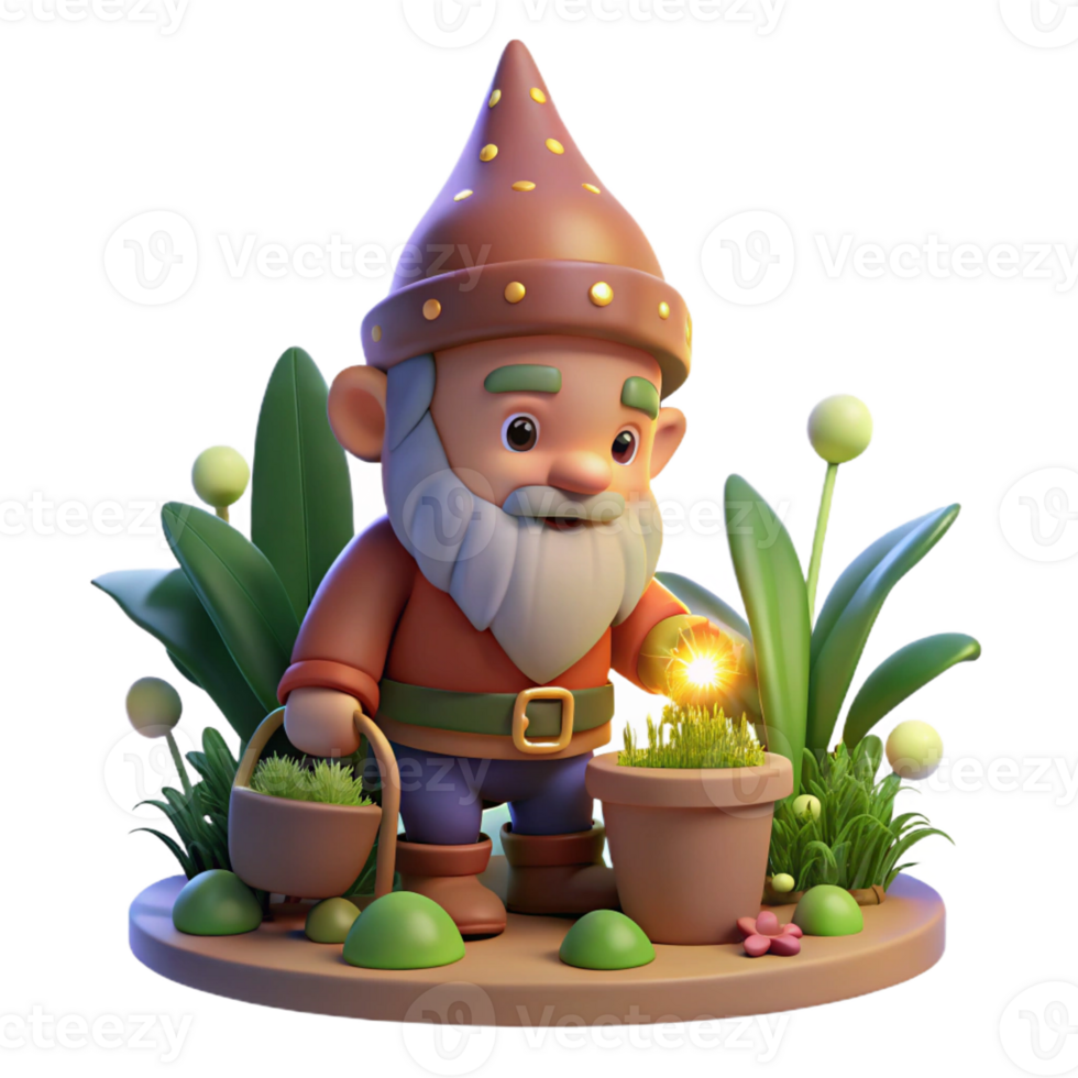 serene artistic A whimsical gnome with a pointed hat and rosy cheeks, tending to a magical garden, illuminated by the soft glow of fairy lights. Children's book illustration style original png