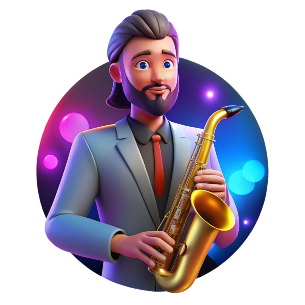 vibrant vintage Portrait of a charismatic musician with a saxophone and a soulful expression, lit by the colorful stage lights, in a pop art style premium png