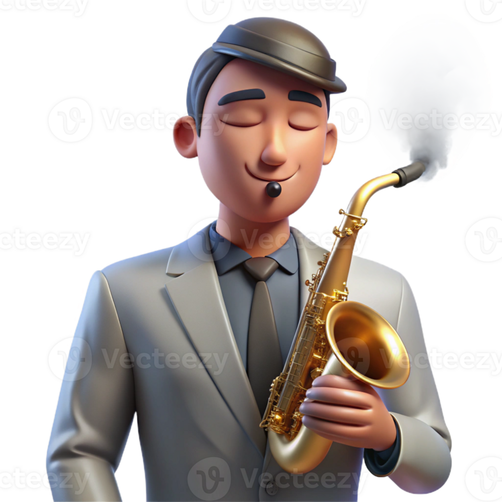 serene creative Portrait of a musician with a saxophone, dimly lit stage lighting, smoky atmosphere, Art Deco style professional png