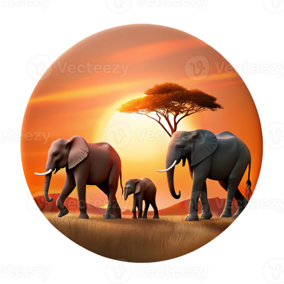 dramatic classic A family of elephants walking across the savanna at sunset, silhouetted against the fiery sky, depicted in a minimalist, silhouette style professional png