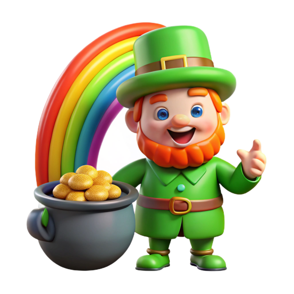 magnificent traditional A mischievous leprechaun guarding a pot of gold at the end of a rainbow, in a cheerful, cartoonish style genuine png