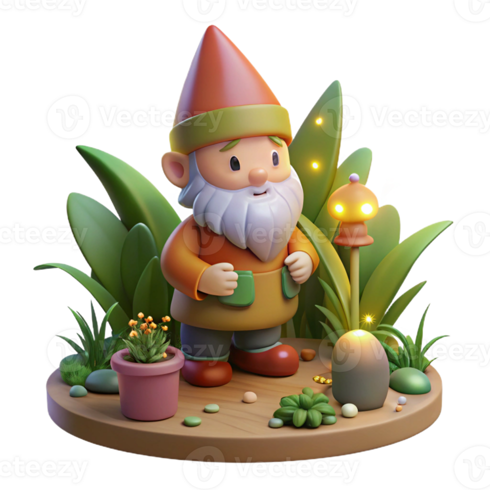 extraordinary classic A whimsical gnome with a pointed hat and rosy cheeks, tending to a magical garden, illuminated by the soft glow of fairy lights. Children's book illustration style premium png