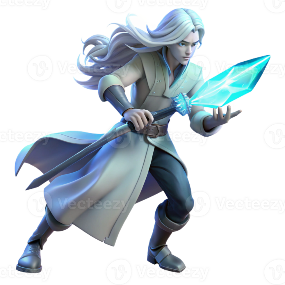 wonderful minimalist A lone, ethereal warrior with flowing silver hair, wielding a crystal sword, bathed in soft bioluminescent light. Hyperrealistic style professional png