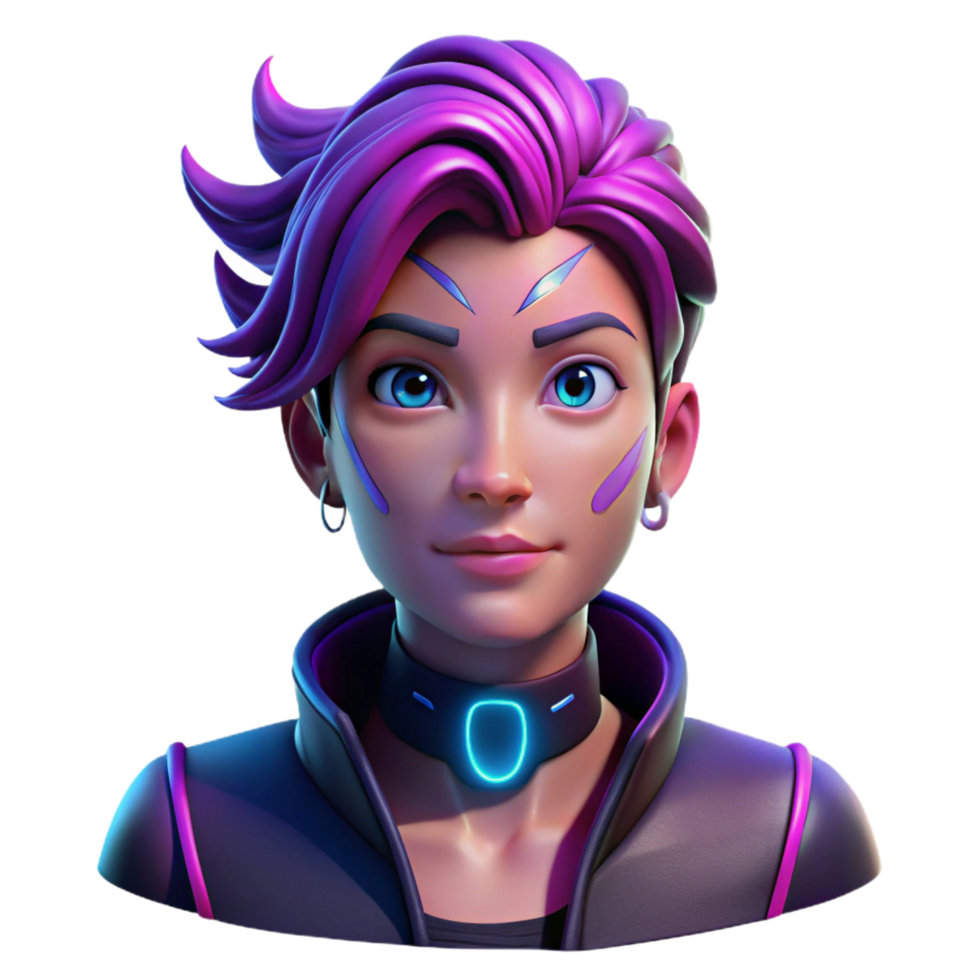 magnificent traditional Portrait of a nonbinary person with vibrant purple hair and intricate facial tattoos, illuminated by neon pink and blue lights, in a cyberpunk style exclusive png