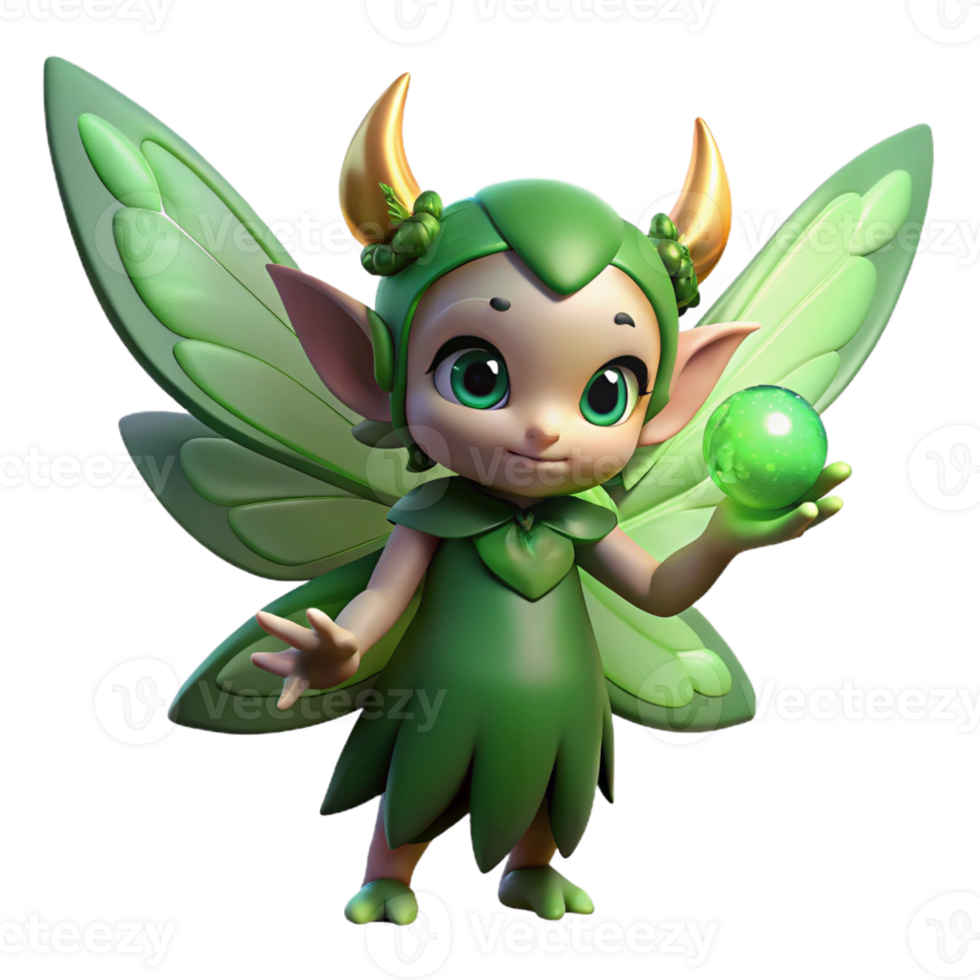 stunning classic A mischievous forest sprite with emerald skin, butterfly wings, and pointed ears, holding a glowing orb, dappled sunlight, whimsical illustration style original png