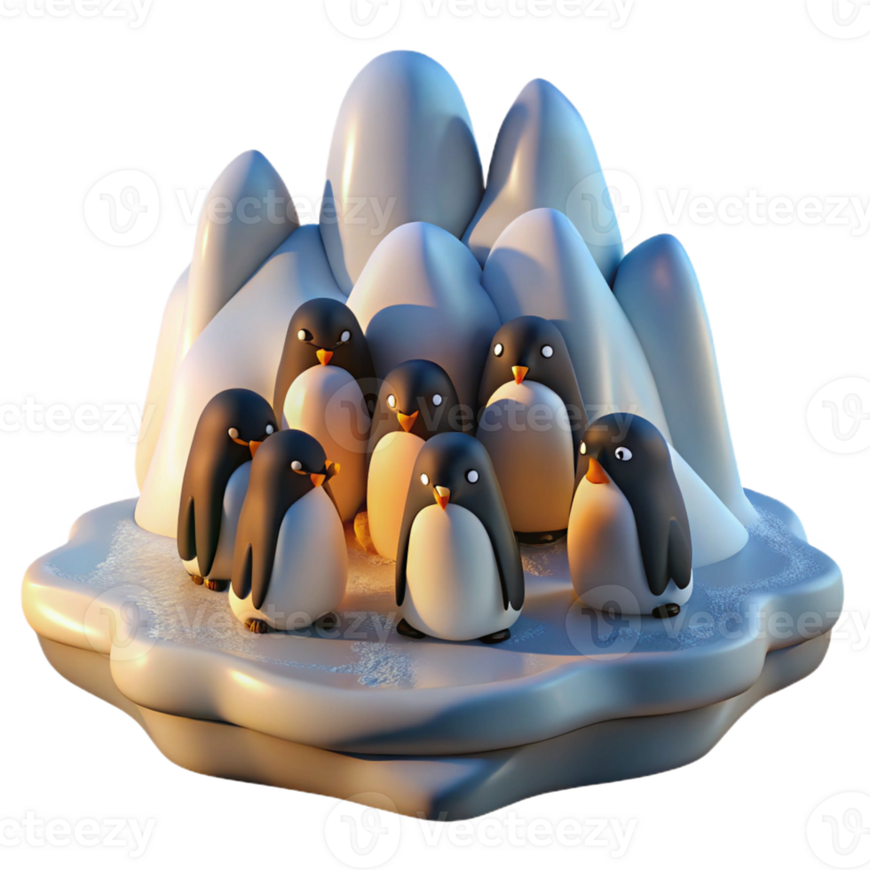 beautiful artistic A colony of penguins huddled together on a icy shore, illuminated by the soft light of the Antarctic sun, in a stark, photorealistic style detailed png