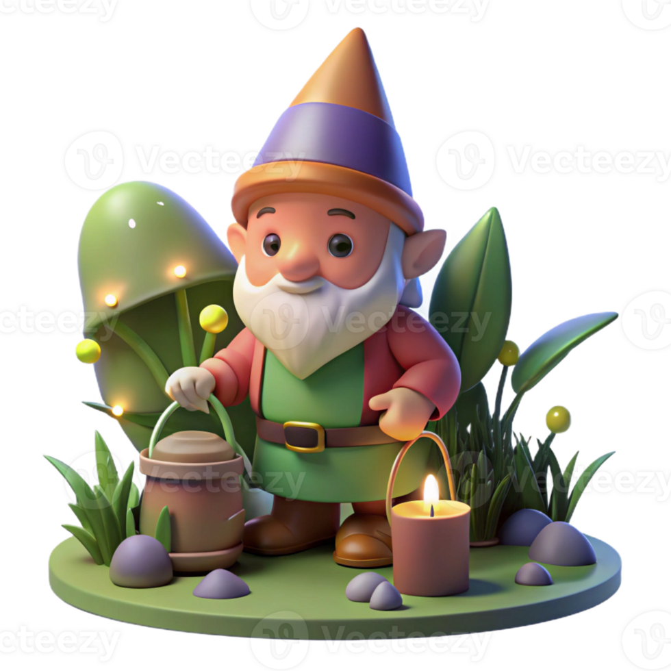 dramatic minimalist A whimsical gnome with a pointed hat and rosy cheeks, tending to a magical garden, illuminated by the soft glow of fairy lights. Children's book illustration style genuine png