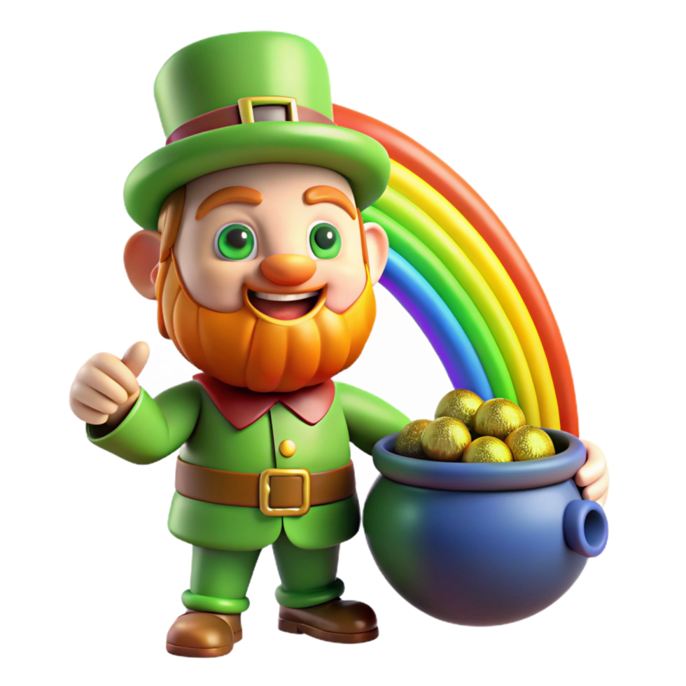 serene traditional A mischievous leprechaun guarding a pot of gold at the end of a rainbow, in a cheerful, cartoonish style high resolution png