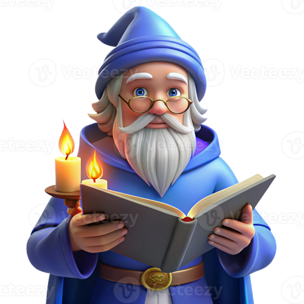 extraordinary modern A wise old wizard with a long white beard and twinkling blue eyes, studies an ancient tome filled with mystical symbols. Soft, candlelit lighting. Renaissance painting style 4K png