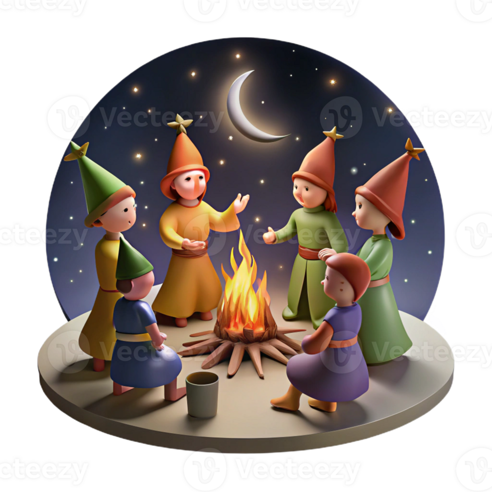 impressive abstract A group of elves celebrating a harvest festival around a bonfire, under a starry night sky. Renaissance painting style exclusive png