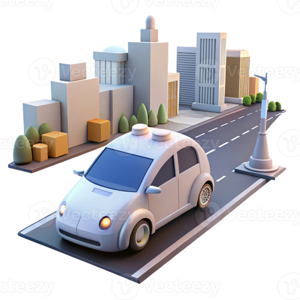 serene creative A self-driving car navigating a busy city street, daytime lighting, photorealistic style professional png