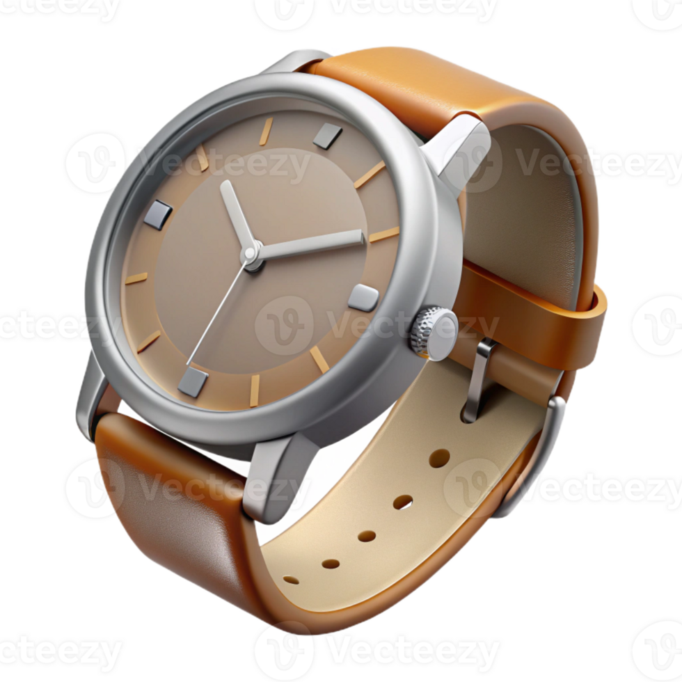 extraordinary contemporary Wristwatch, silver, leather band, analog display, detailed png