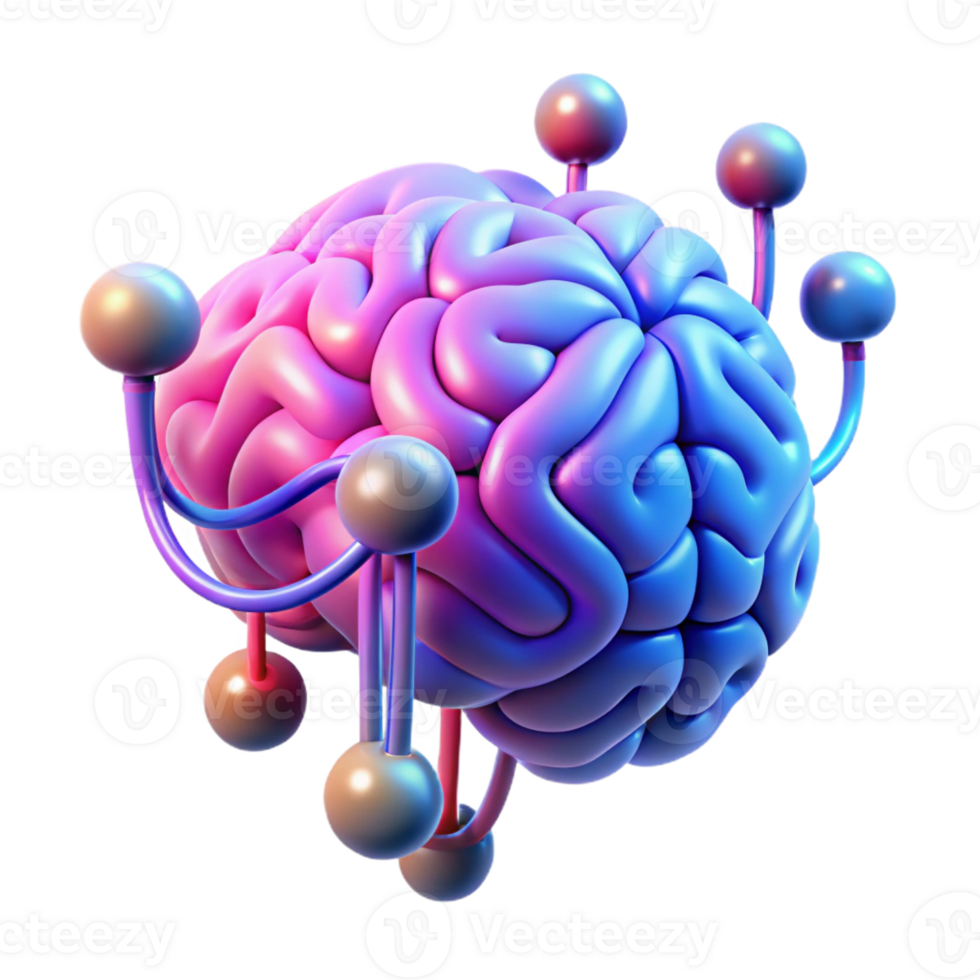 dramatic classic A human brain connected to a network of wires and circuits, neon pink and blue lighting, cyberpunk style high quality png