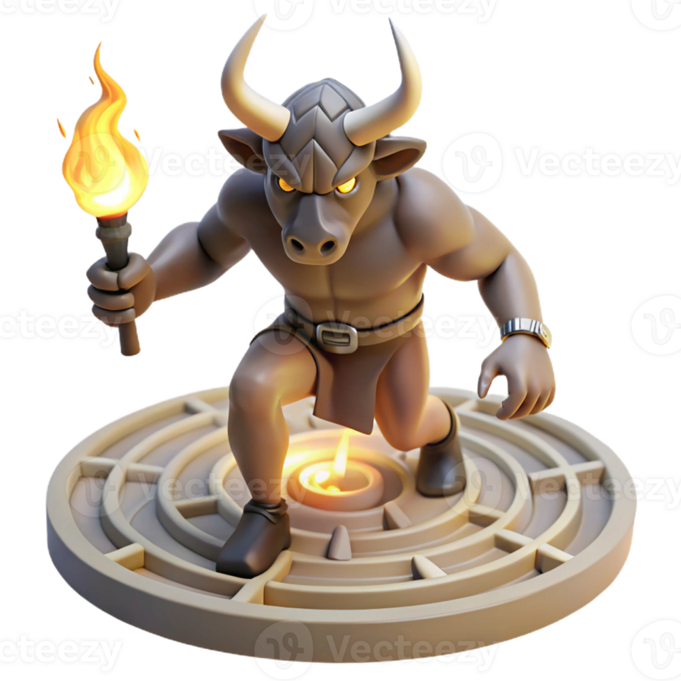 magnificent modern A fearsome minotaur with the head of a bull and the body of a man, charging through a labyrinth, illuminated by flickering torches. Greek mythology style detailed png