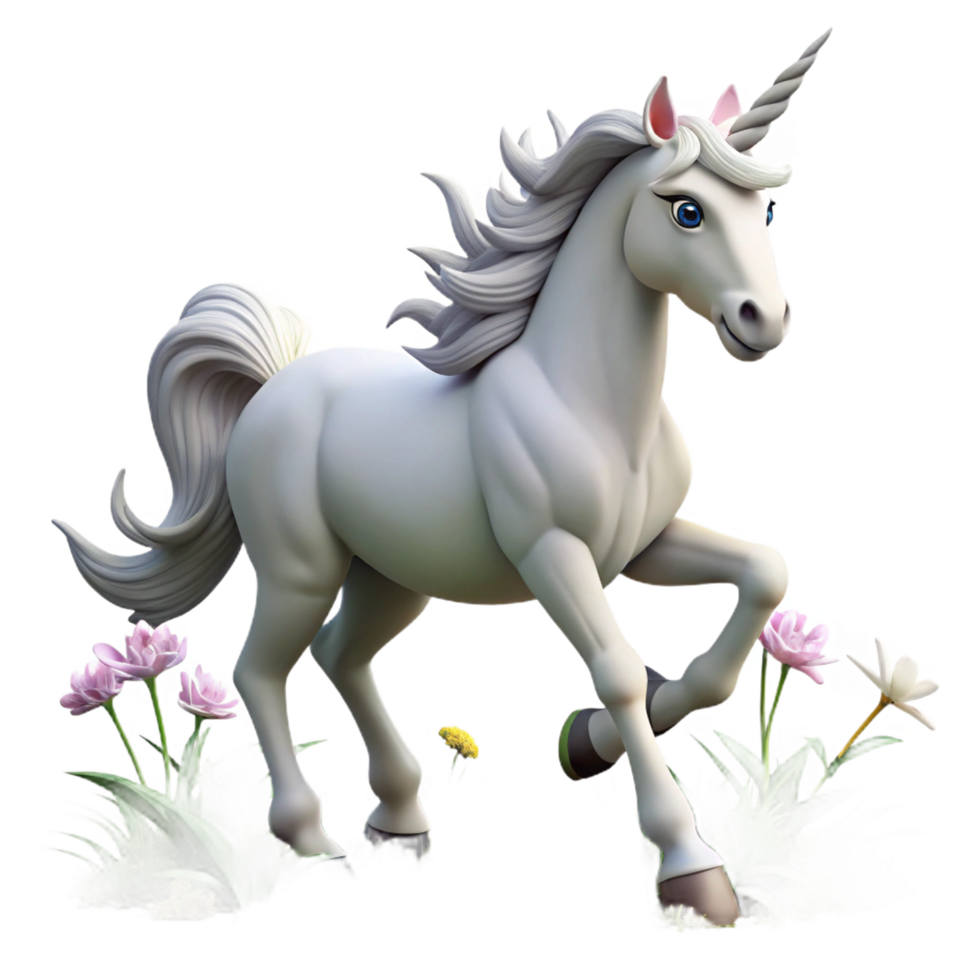 beautiful artistic A majestic unicorn with a silver horn and flowing white mane, gallops through a field of wildflowers. Soft, magical lighting. Fantasy creature art style authentic png
